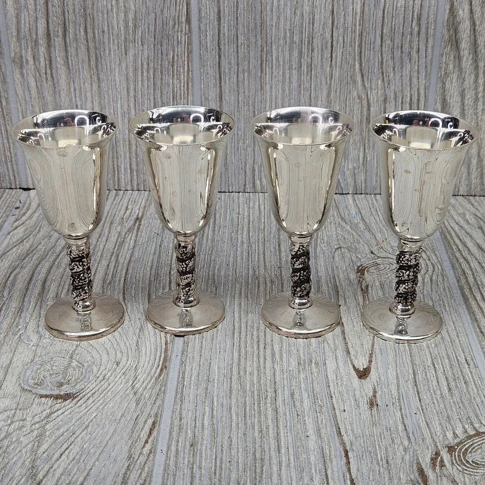 Roma SL Madrid Spain Silver Plated Cordial Goblets Set of 4 Grapevine Stem 3.5